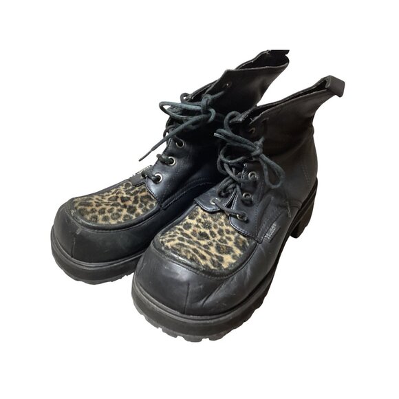 Vintage Mudd Leather & Leopard Print Lace-Up Boots Size 9M Grunge Moto Punk Y2K - Picture 1 of 11
